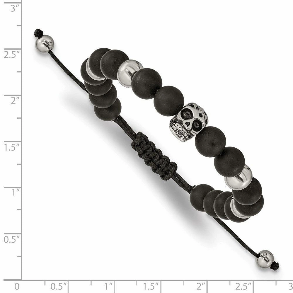 Stainless Steel Polished Black Onyx Beaded Skull Adj. Bracelet
