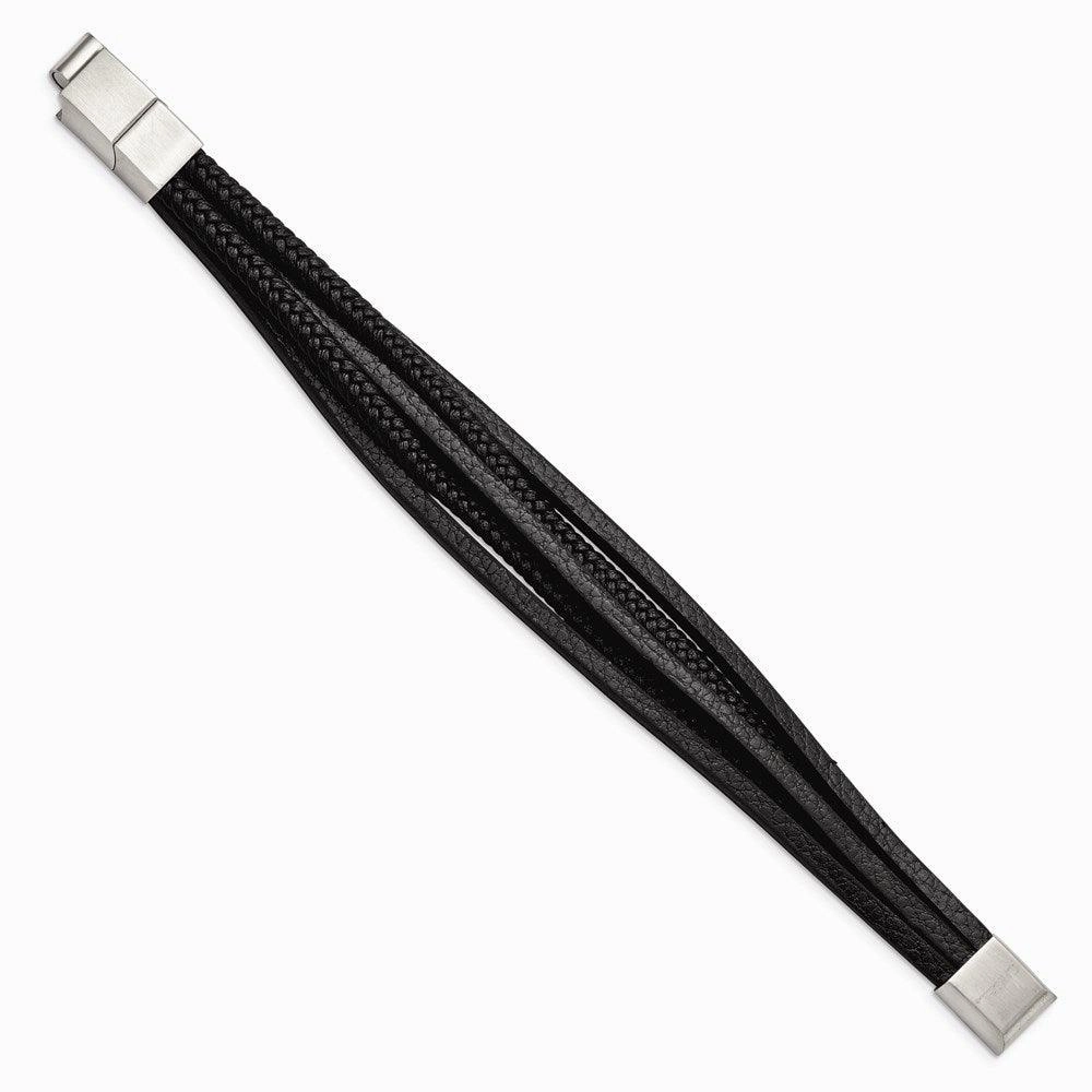 Stainless Steel Polished Black PU Leather Multi Strand w/.5in ext Bracelet