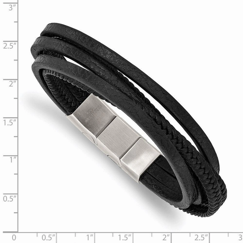 Stainless Steel Polished Black PU Leather Multi Strand w/.5in ext Bracelet