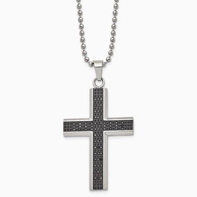 Stainless Steel Polished Black Rhodium Black Diamond Cross Necklace