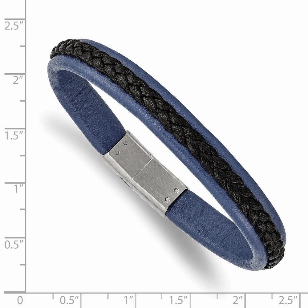 Stainless Steel Polished Blue and Black Faux Leather 8.25in Bracelet