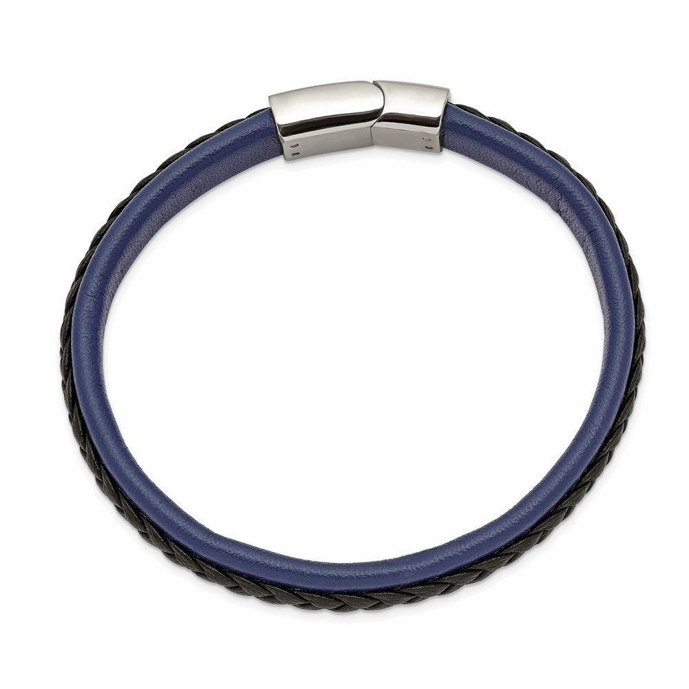 Stainless Steel Polished Blue and Black Faux Leather 8.25in Bracelet