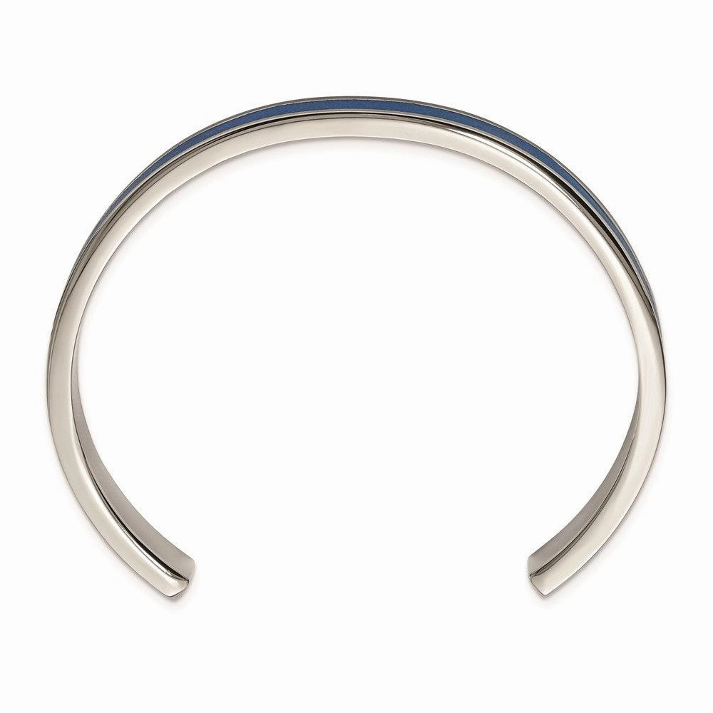 Stainless Steel Polished Blue Leather Inlay 8mm Cuff Bangle