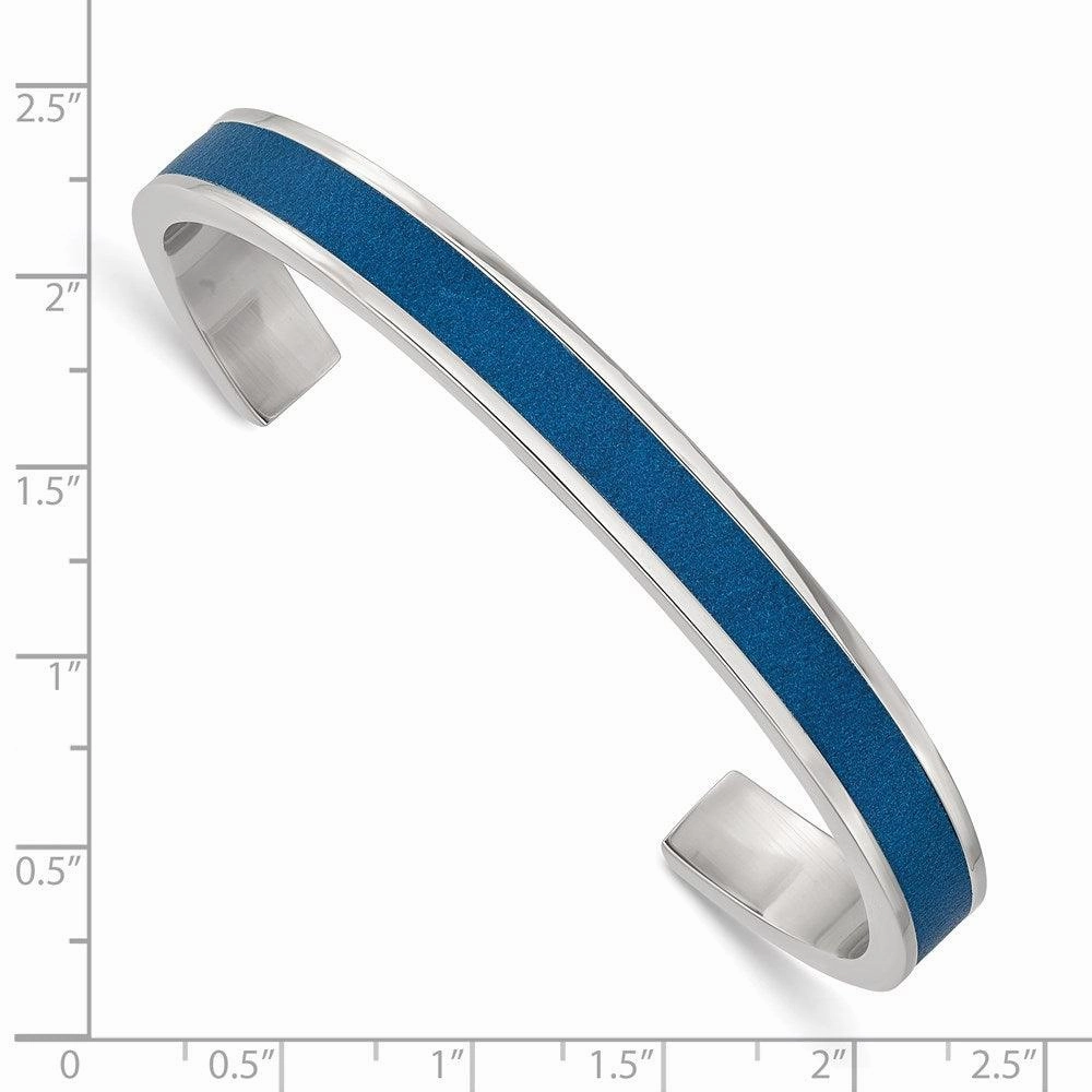 Stainless Steel Polished Blue Leather Inlay 8mm Cuff Bangle