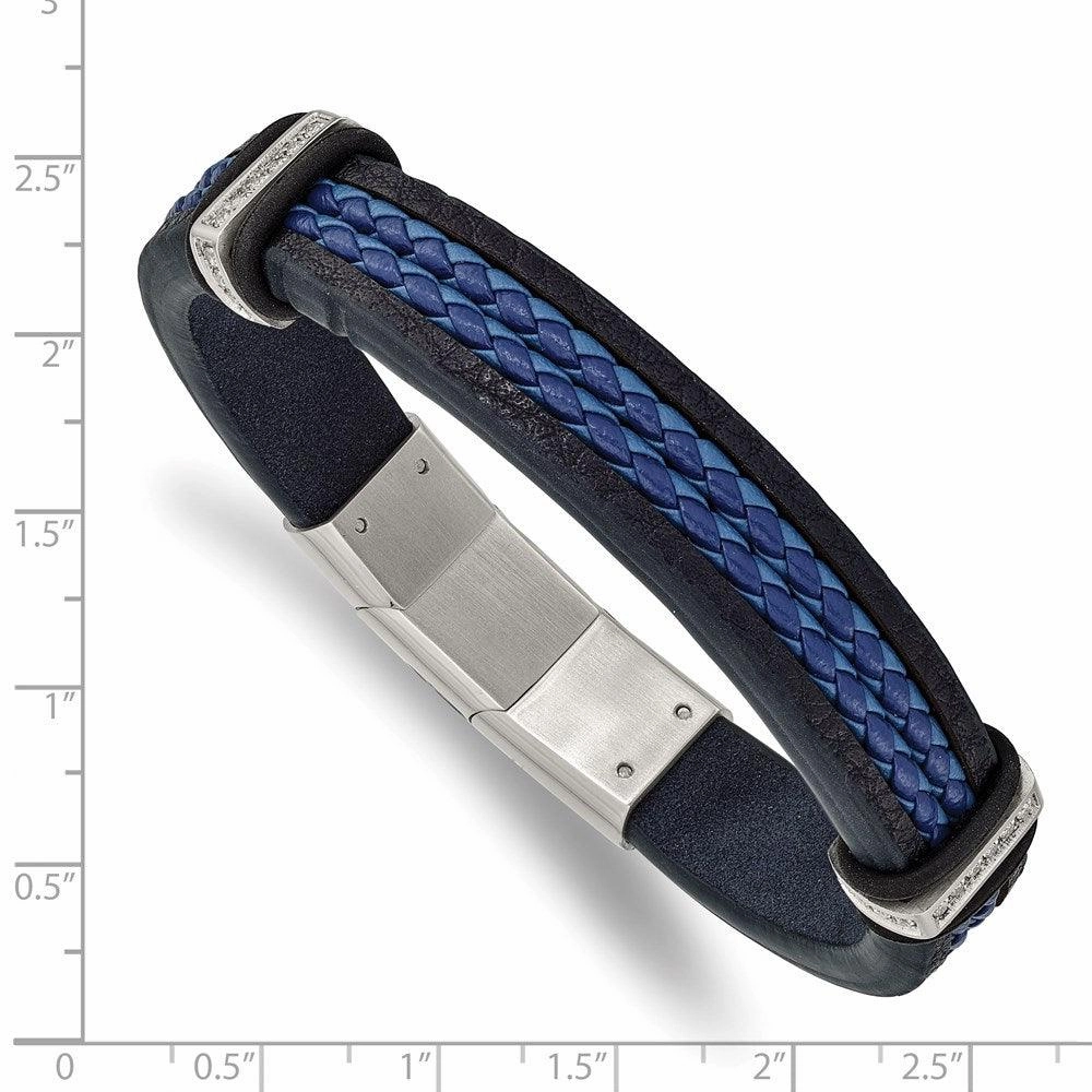 Stainless Steel Polished Blue Leather w/CZ 8in w/.5in ext. Bracelet