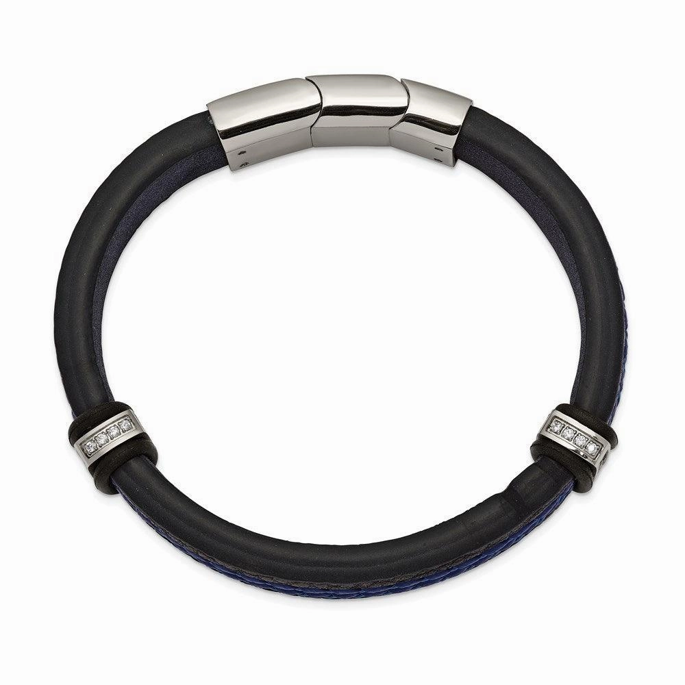 Stainless Steel Polished Blue Leather w/CZ 8in w/.5in ext. Bracelet
