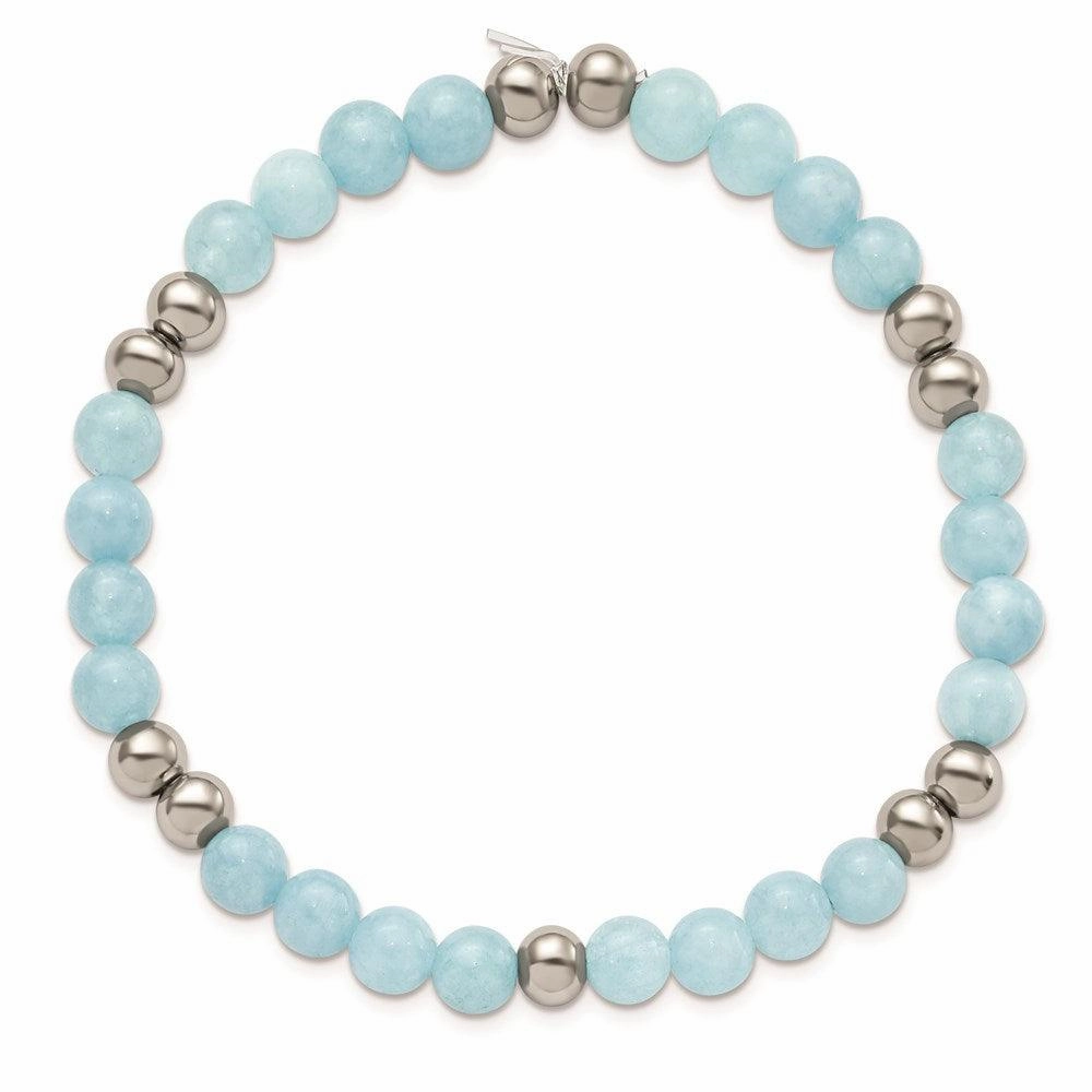 Stainless Steel Polished Blue Quartz Beaded Stretch Bracelet