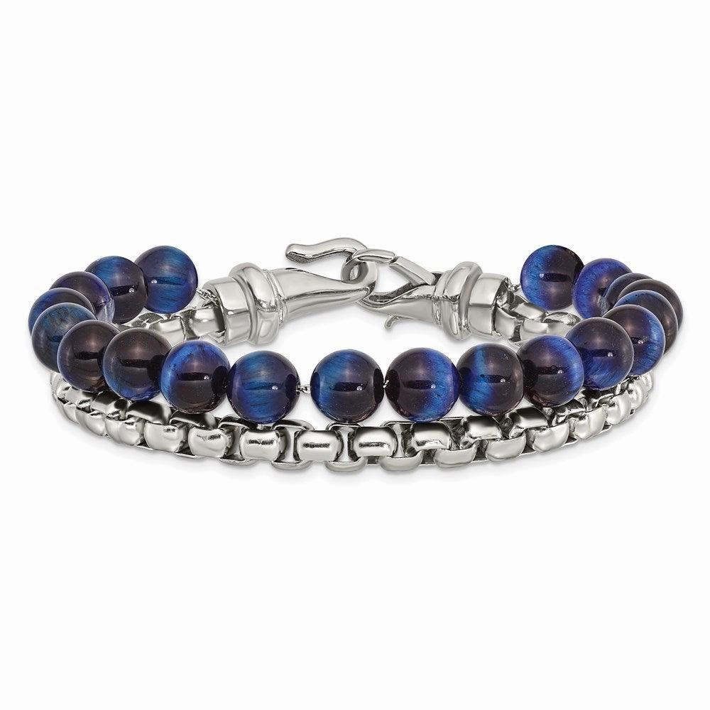 Stainless Steel Polished Box Chain & Blue Tiger's Eye 2 Strand 8.5in Bracel