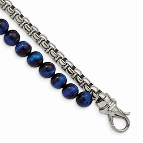 Stainless Steel Polished Box Chain & Blue Tiger's Eye 2 Strand 8.5in Bracel