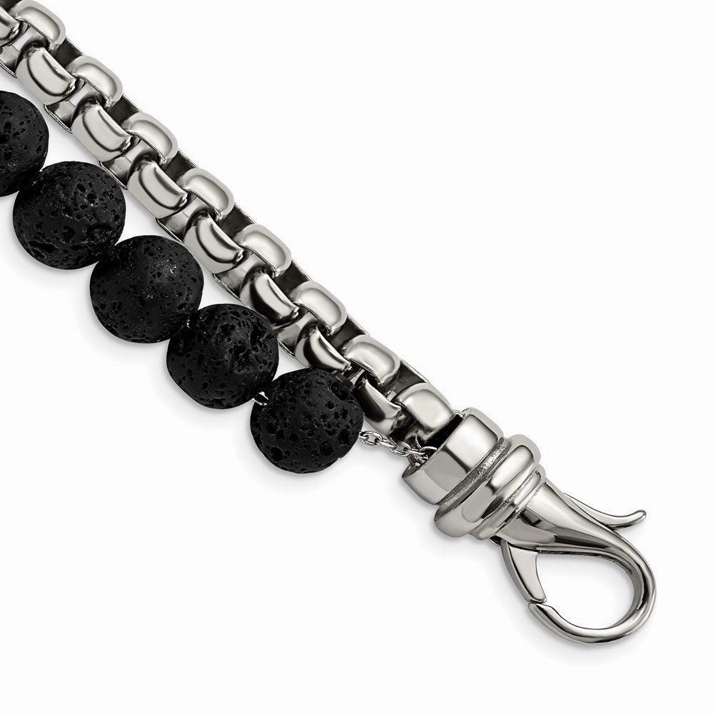 Stainless Steel Polished Box Chain & Lava Stone 2 Stand 8.5in Bracelet