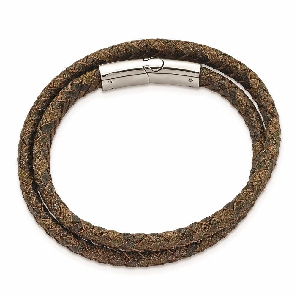 Stainless Steel Polished Brown Leather 14.75in Wrap Bracelet