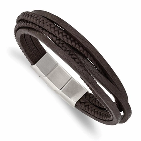 Stainless Steel Polished Brown PU Leather Multi Strand w/.5in ext Bracelet