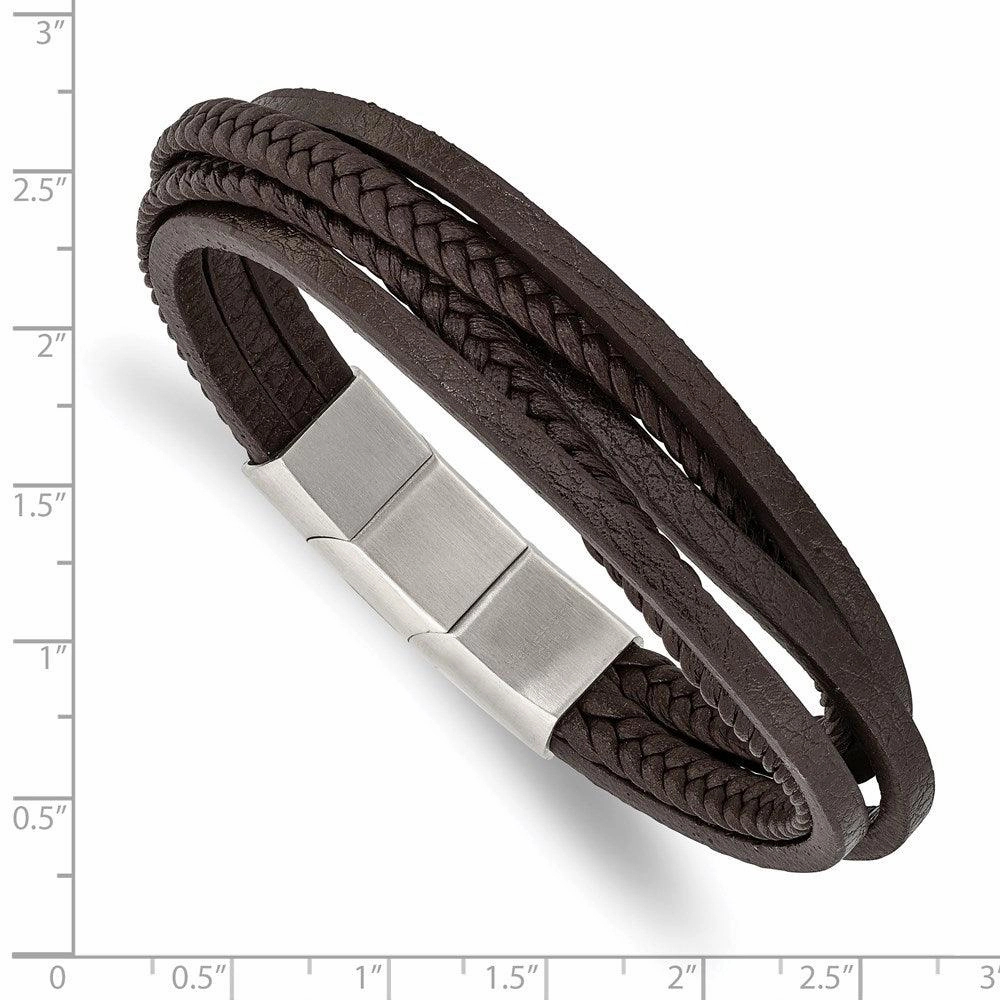 Stainless Steel Polished Brown PU Leather Multi Strand w/.5in ext Bracelet