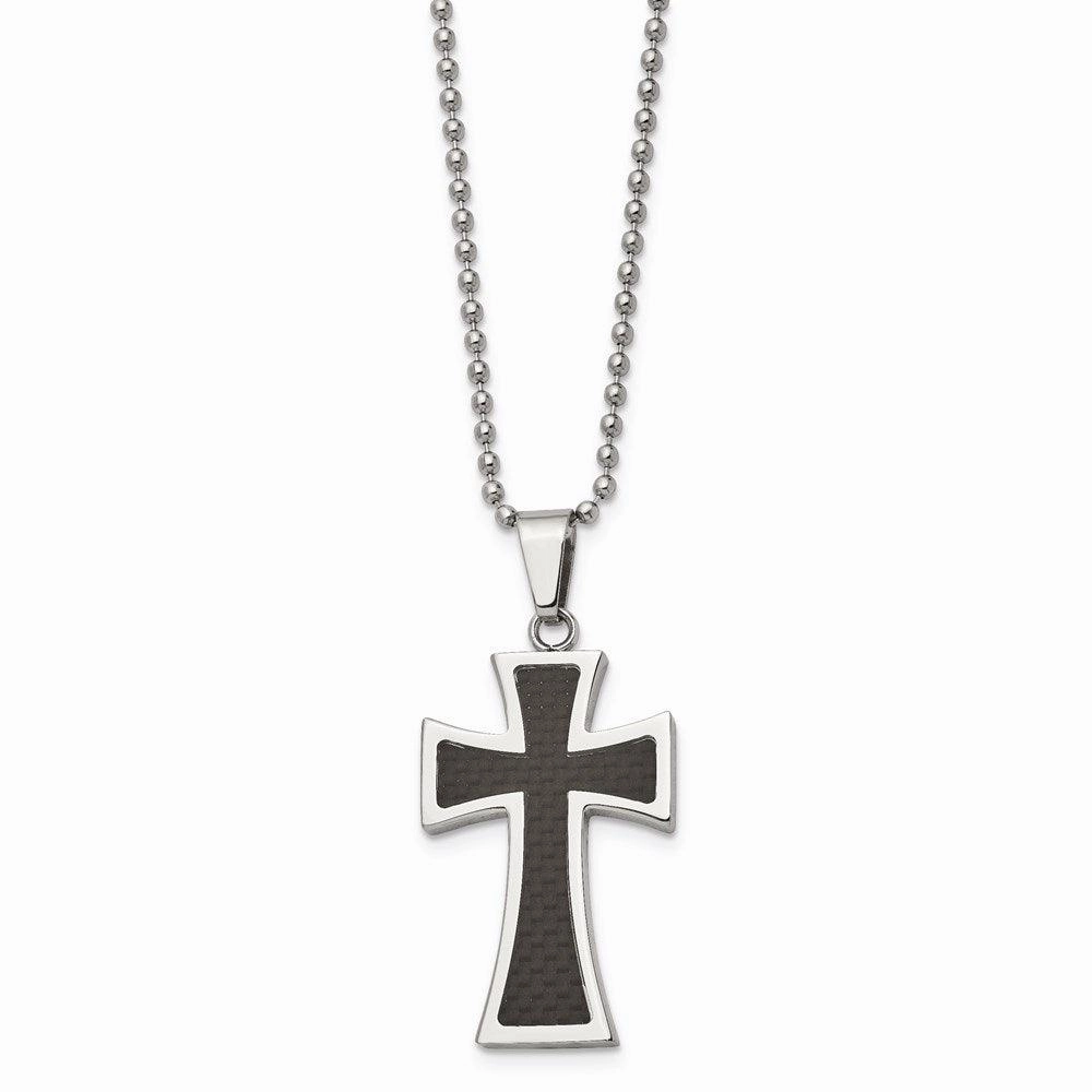 Stainless Steel Polished Carbon Fiber Inlay 22in Cross Necklace