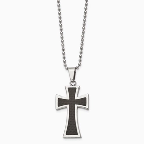 Stainless Steel Polished Carbon Fiber Inlay 22in Cross Necklace
