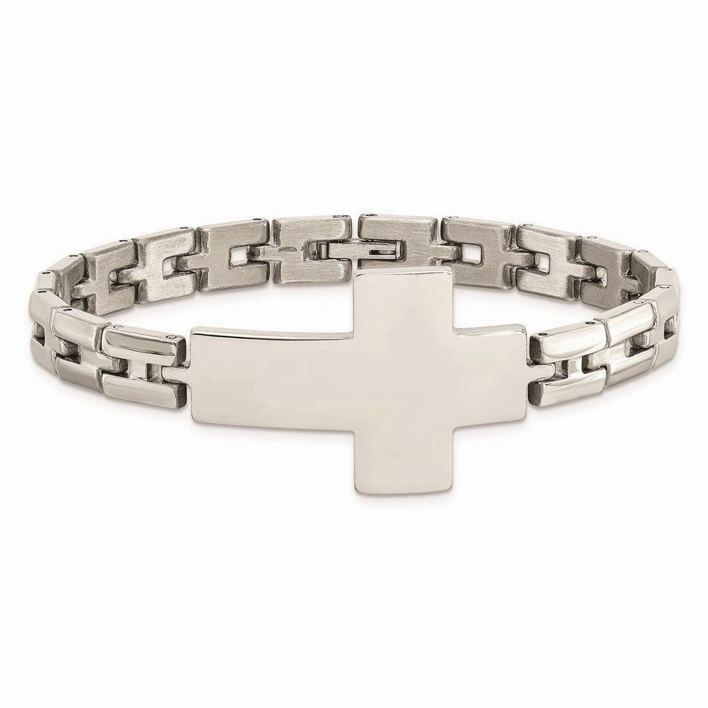 Stainless Steel Polished Cross 8in Link Bracelet