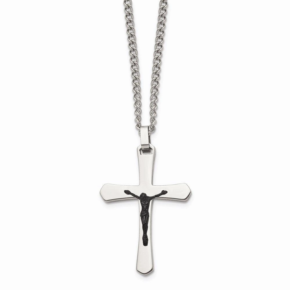 Stainless Steel Polished Cross w/Black IP Jesus Necklace