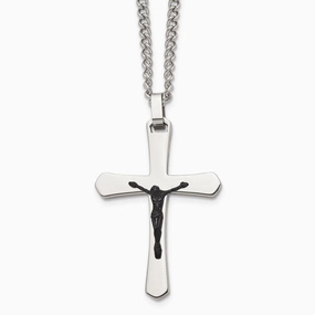 Stainless Steel Polished Cross w/Black IP Jesus Necklace