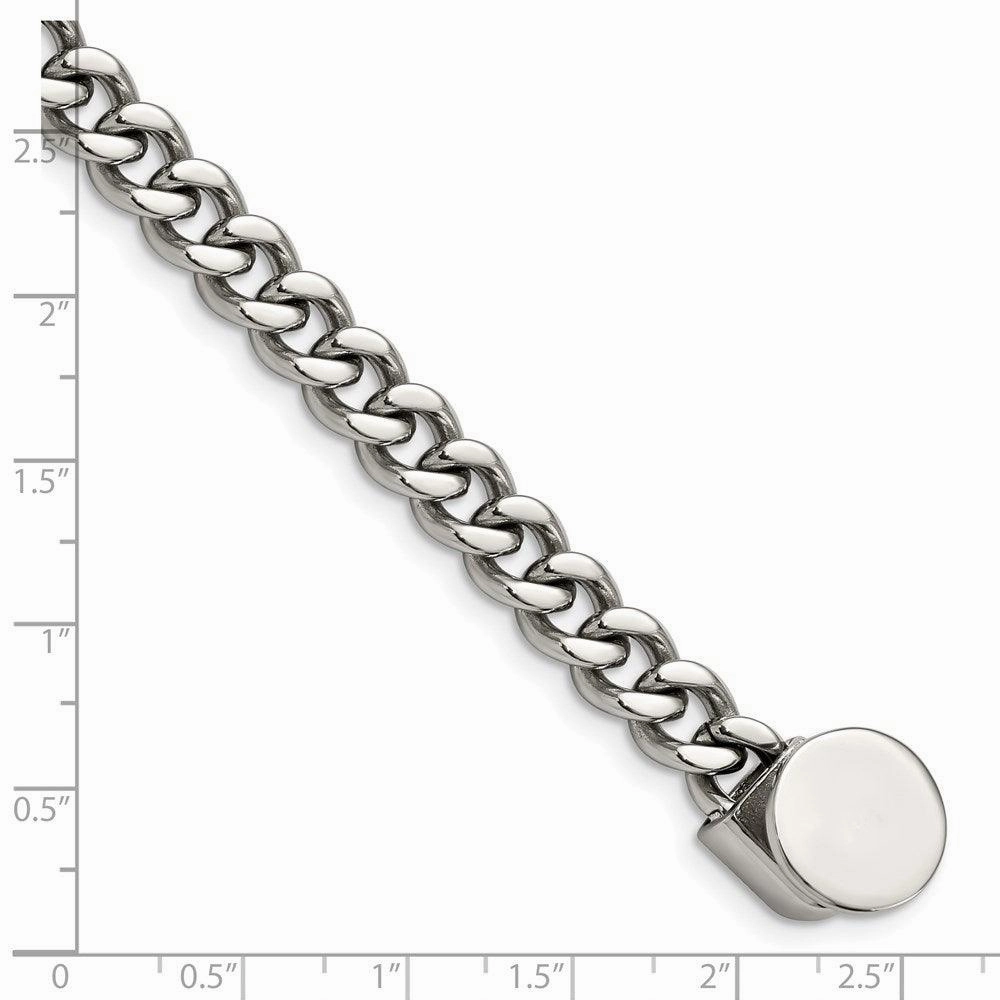 Stainless Steel Polished Curb Chain w/Black Leather Hook 8.25in Bracelet