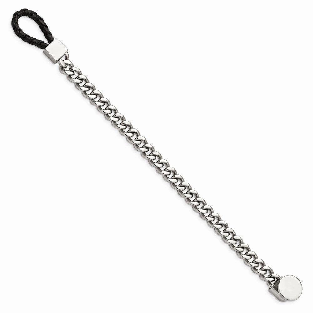 Stainless Steel Polished Curb Chain w/Black Leather Hook 8.25in Bracelet