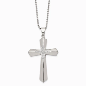 Stainless Steel Polished CZ Cross Necklace