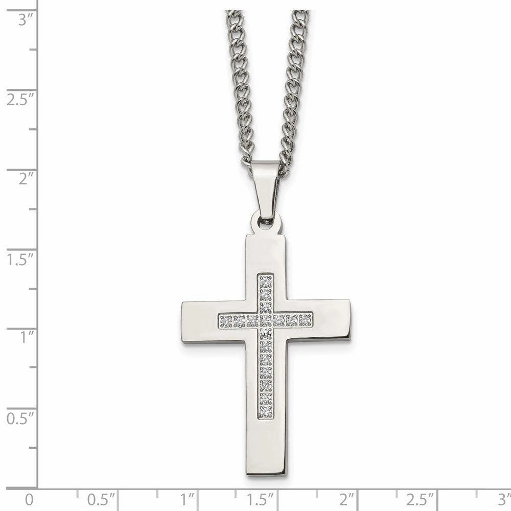 Stainless Steel Polished CZ Cross Necklace