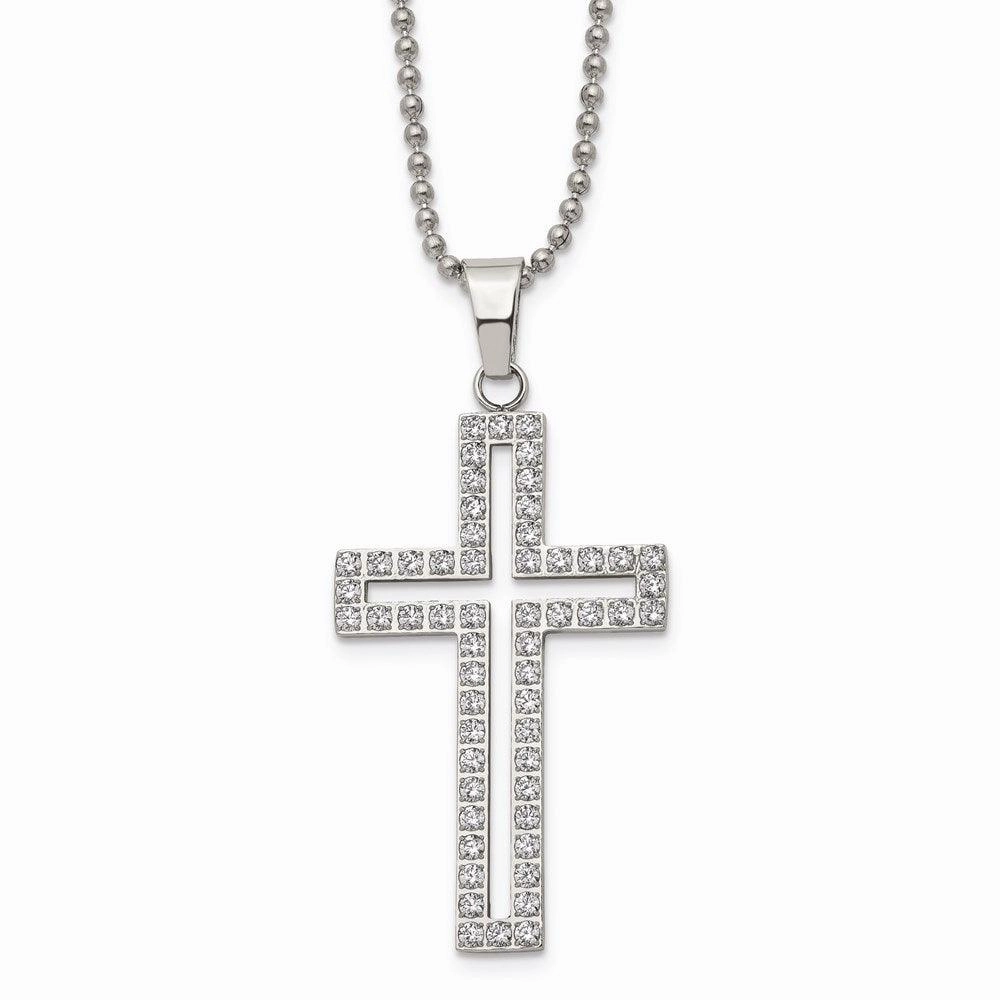 Stainless Steel Polished CZ Cross Necklace