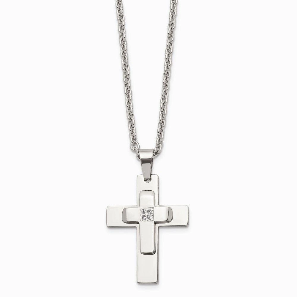 Stainless Steel Polished CZ Cross Necklace