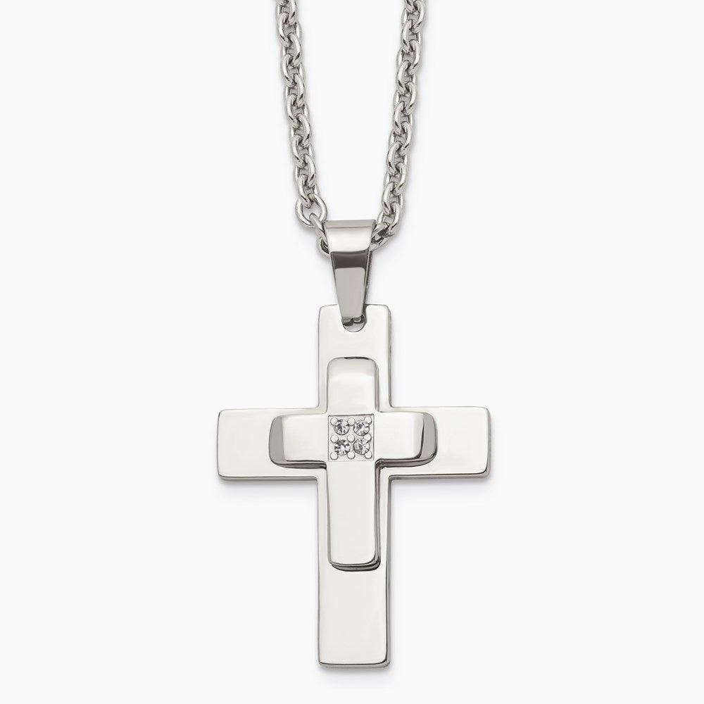 Stainless Steel Polished CZ Cross Necklace