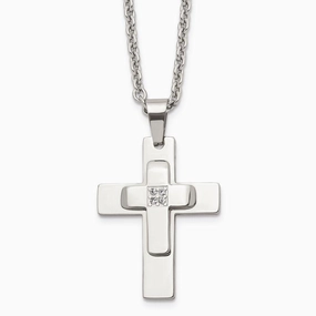Stainless Steel Polished CZ Cross Necklace