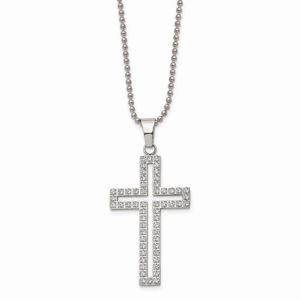 Stainless Steel Polished CZ Cross Necklace