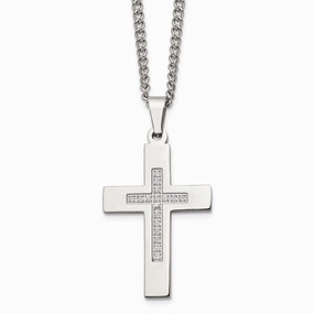 Stainless Steel Polished CZ Cross Necklace