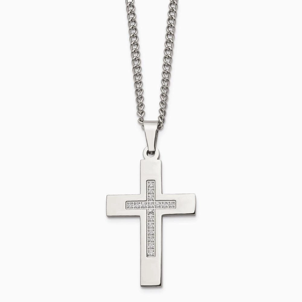 Stainless Steel Polished CZ Cross Necklace