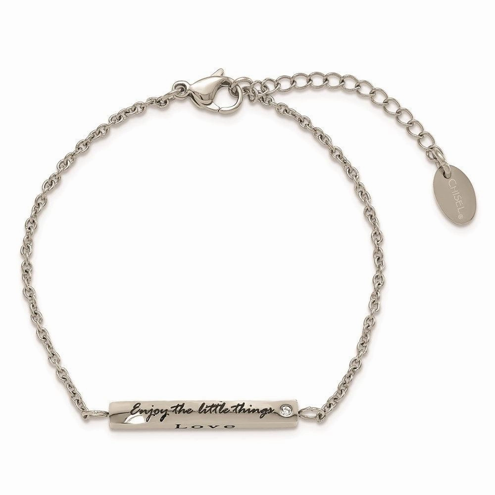 Stainless Steel Polished CZ Enjoy the little things w/ 1.5in ext Bar Bracel