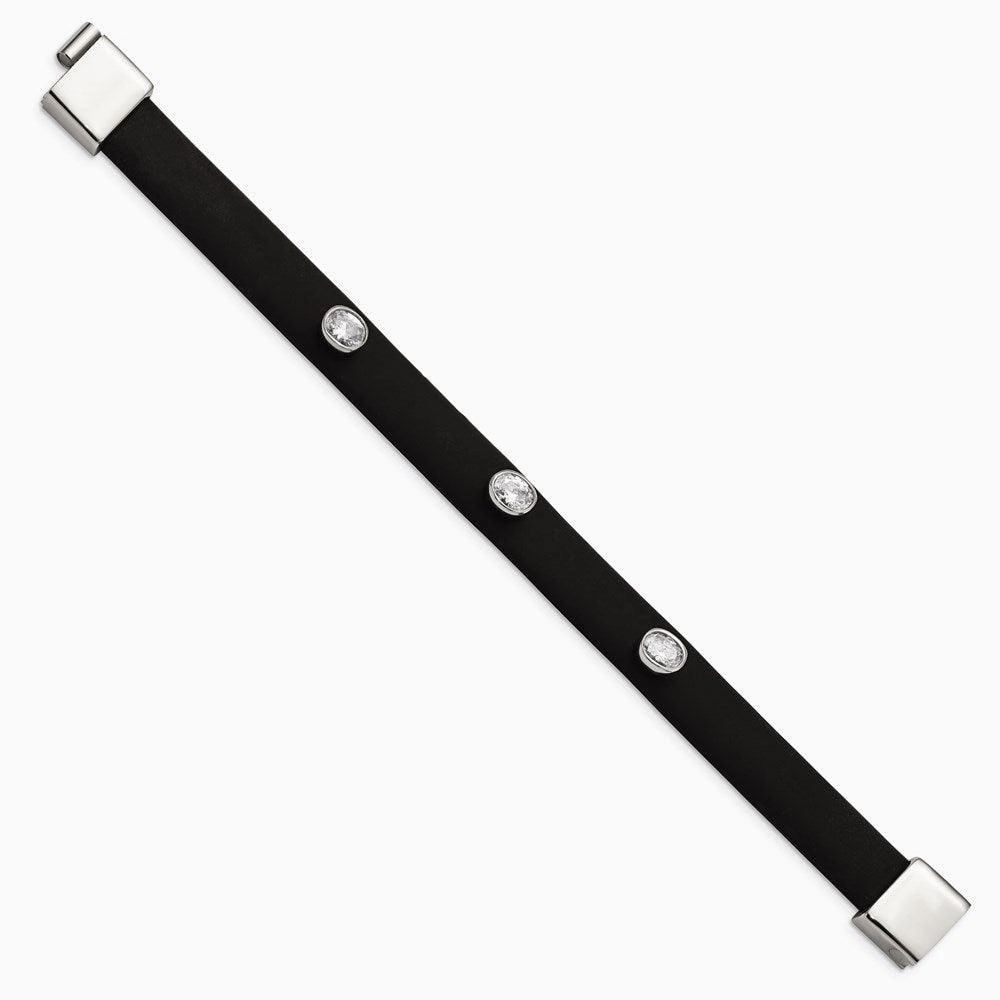 Stainless Steel Polished CZ Silicone Band Bracelet