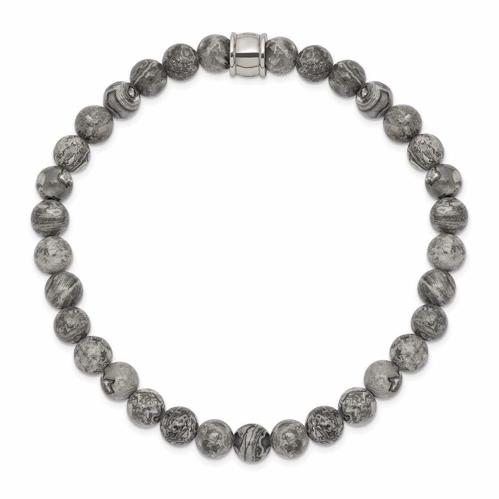 Stainless Steel Polished Grey Jasper Stretch Bracelet