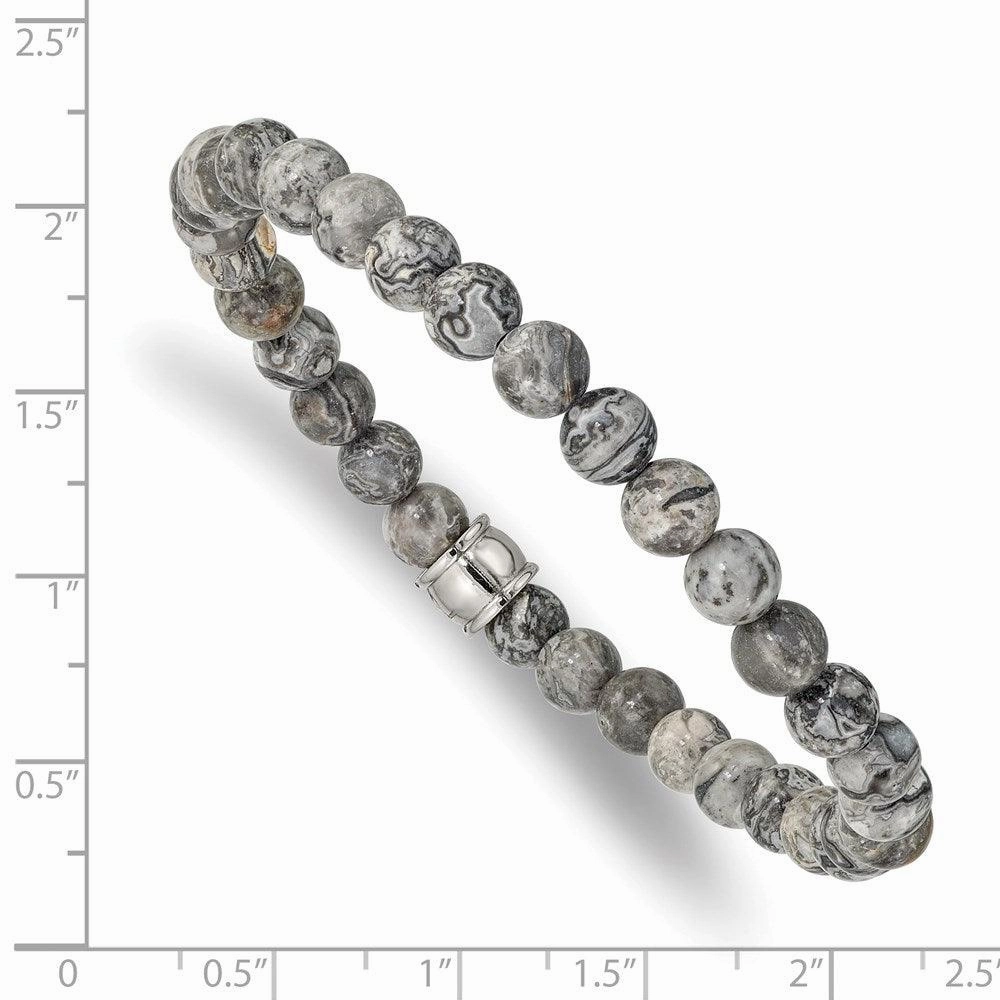 Stainless Steel Polished Grey Jasper Stretch Bracelet