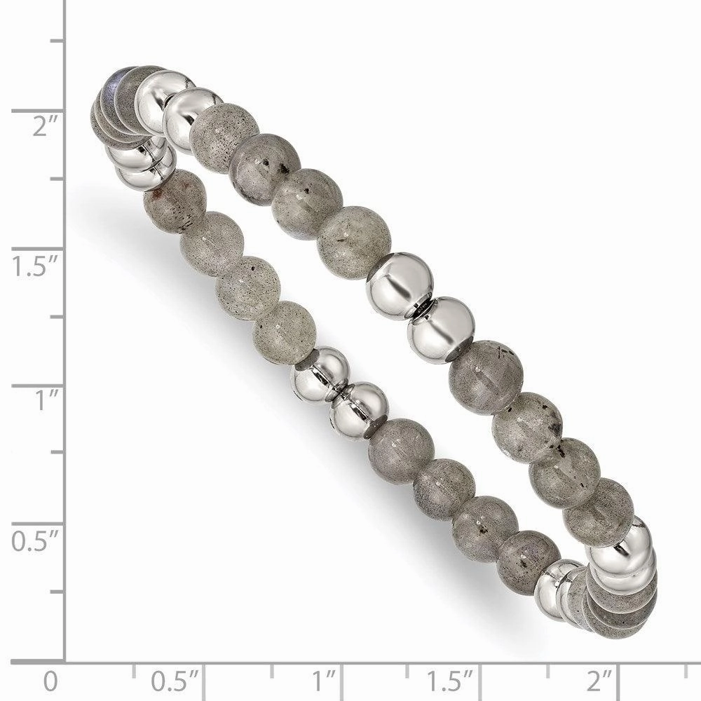 Stainless Steel Polished Grey Quartz Beaded Stretch Bracelet