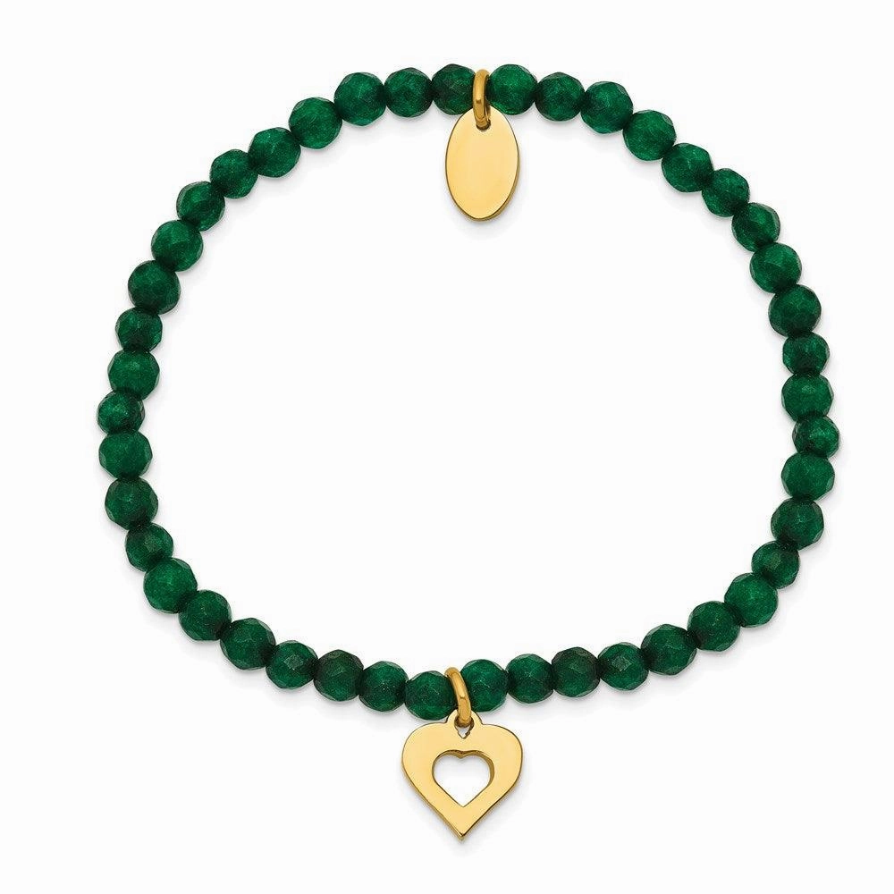 Stainless Steel Polished Heart Yellow IP Green Jade Stretch Bracelet