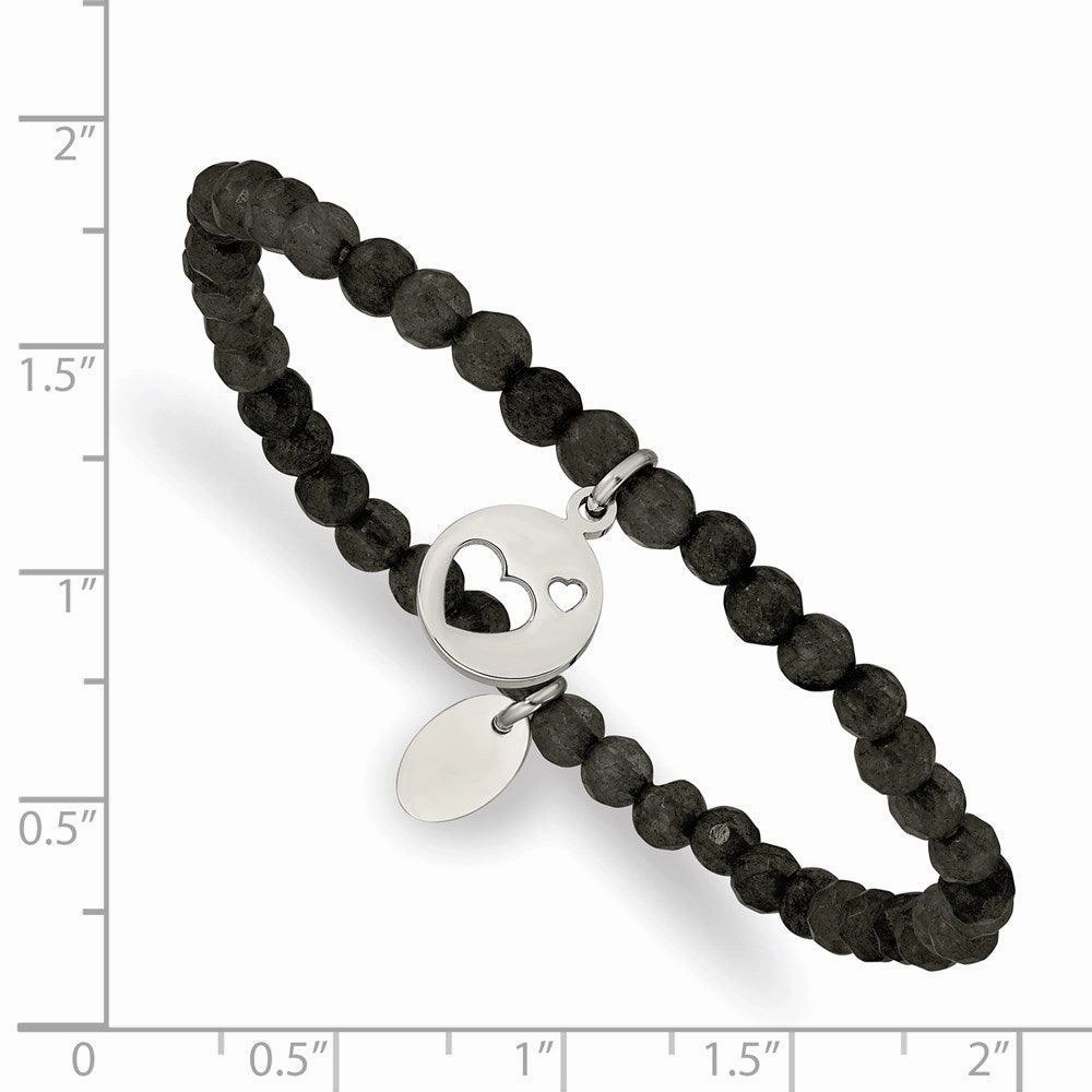 Stainless Steel Polished Hearts Black Jade Beaded Stretch Bracelet