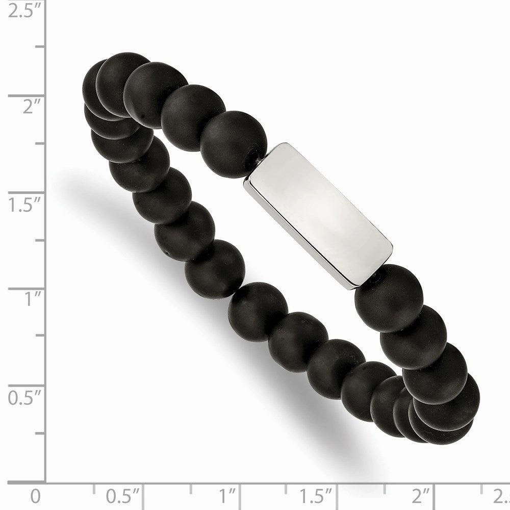 Stainless Steel Polished ID Plate Black Agate Bead Stretch Bracelet