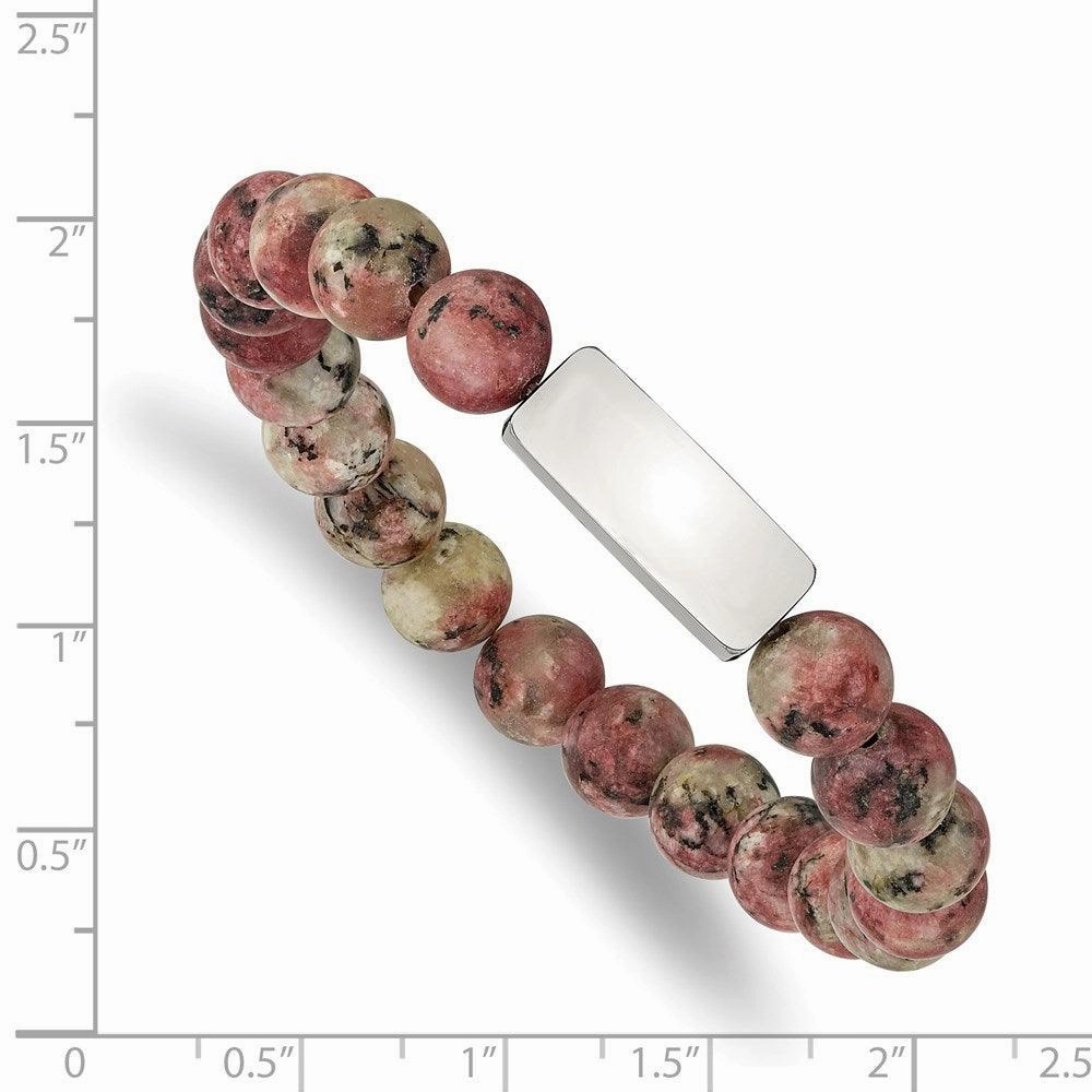 Stainless Steel Polished ID Plate Rhodochrosite Bead Stretch Bracelet