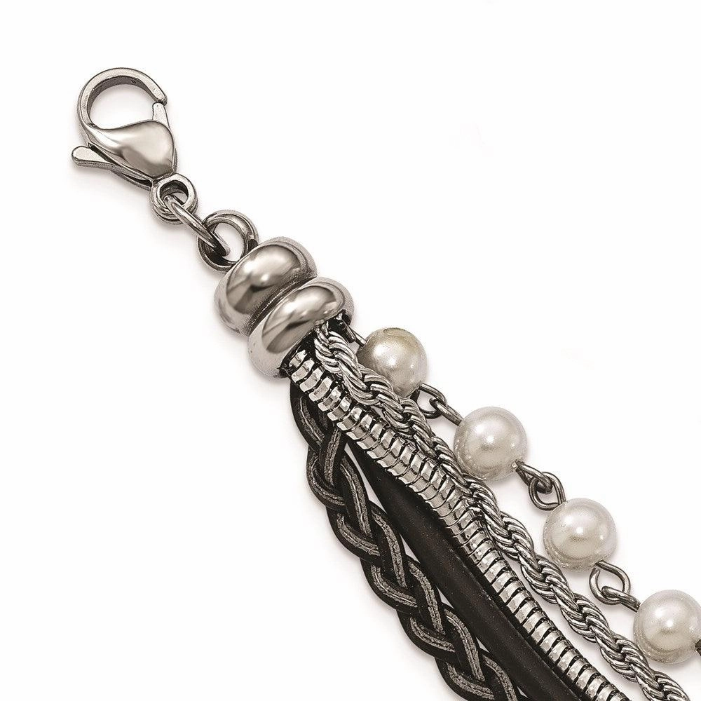 Stainless Steel Polished Imitat Pearls Faux Leather w/ 1in ext. Bracelet