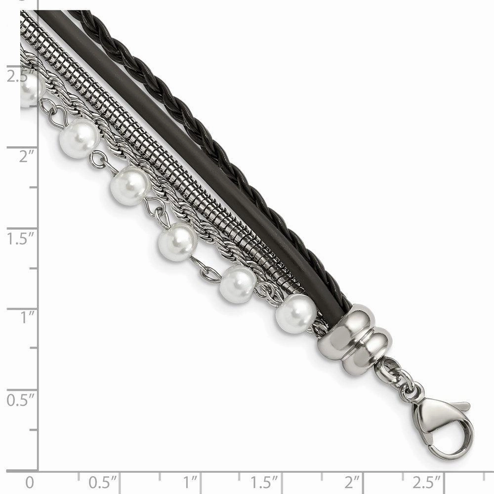 Stainless Steel Polished Imitat Pearls Faux Leather w/ 1in ext. Bracelet