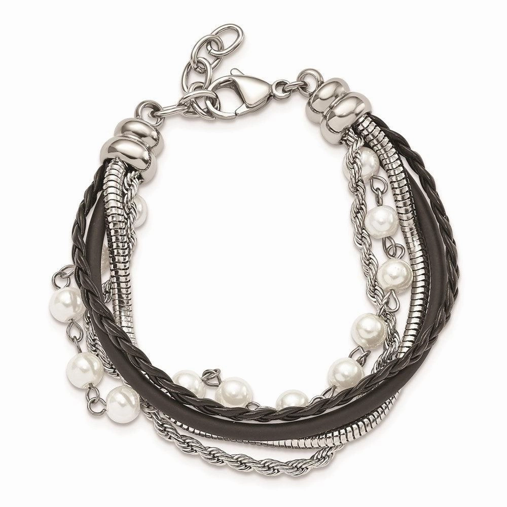 Stainless Steel Polished Imitat Pearls Faux Leather w/ 1in ext. Bracelet