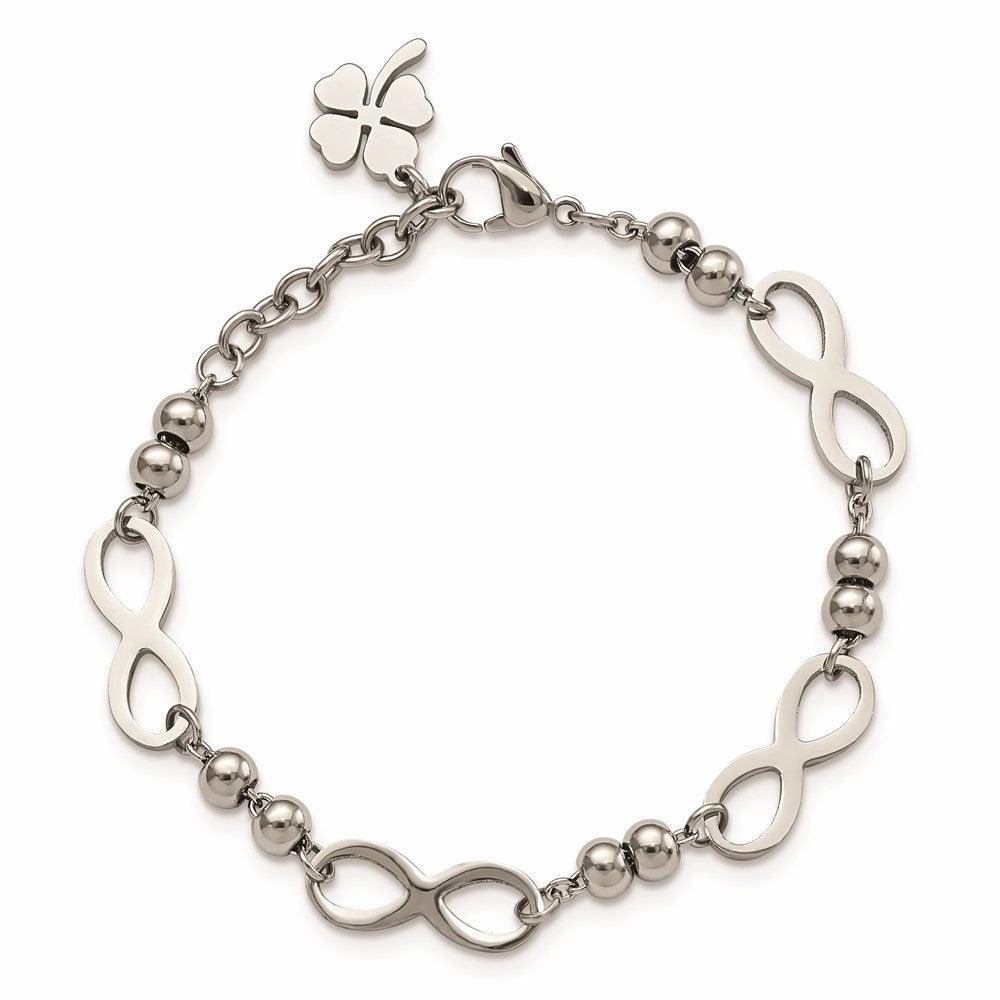 Stainless Steel Polished Infinity 4 Leaf Clover w/1in ext 6.5in Bracelet