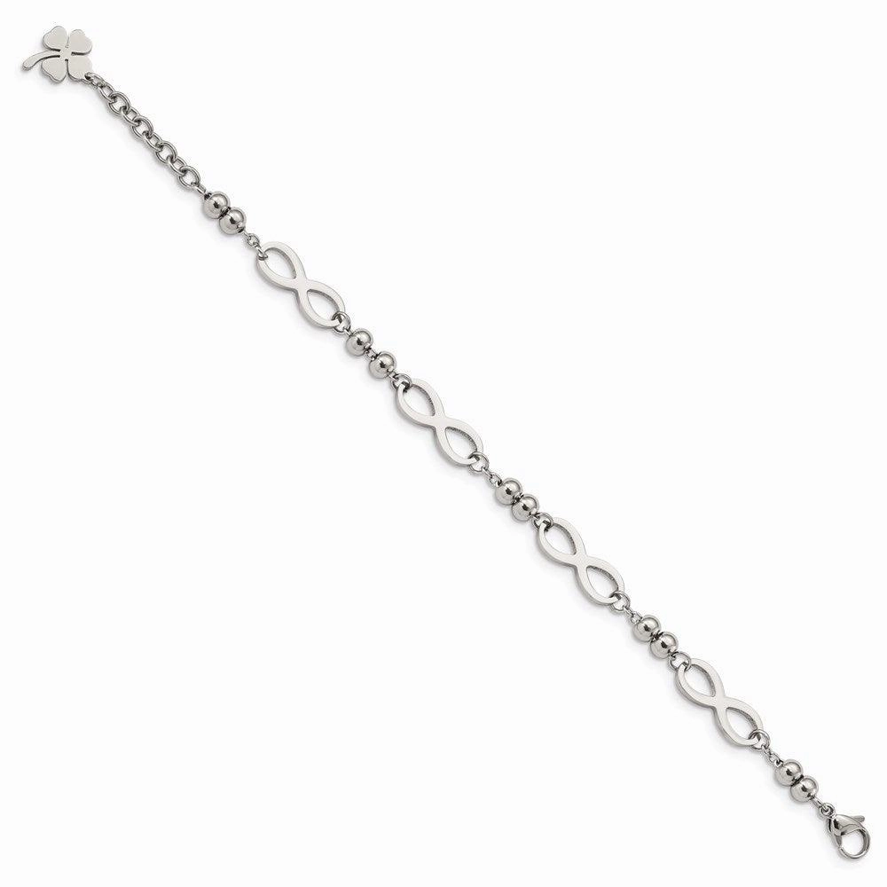 Stainless Steel Polished Infinity 4 Leaf Clover w/1in ext 6.5in Bracelet