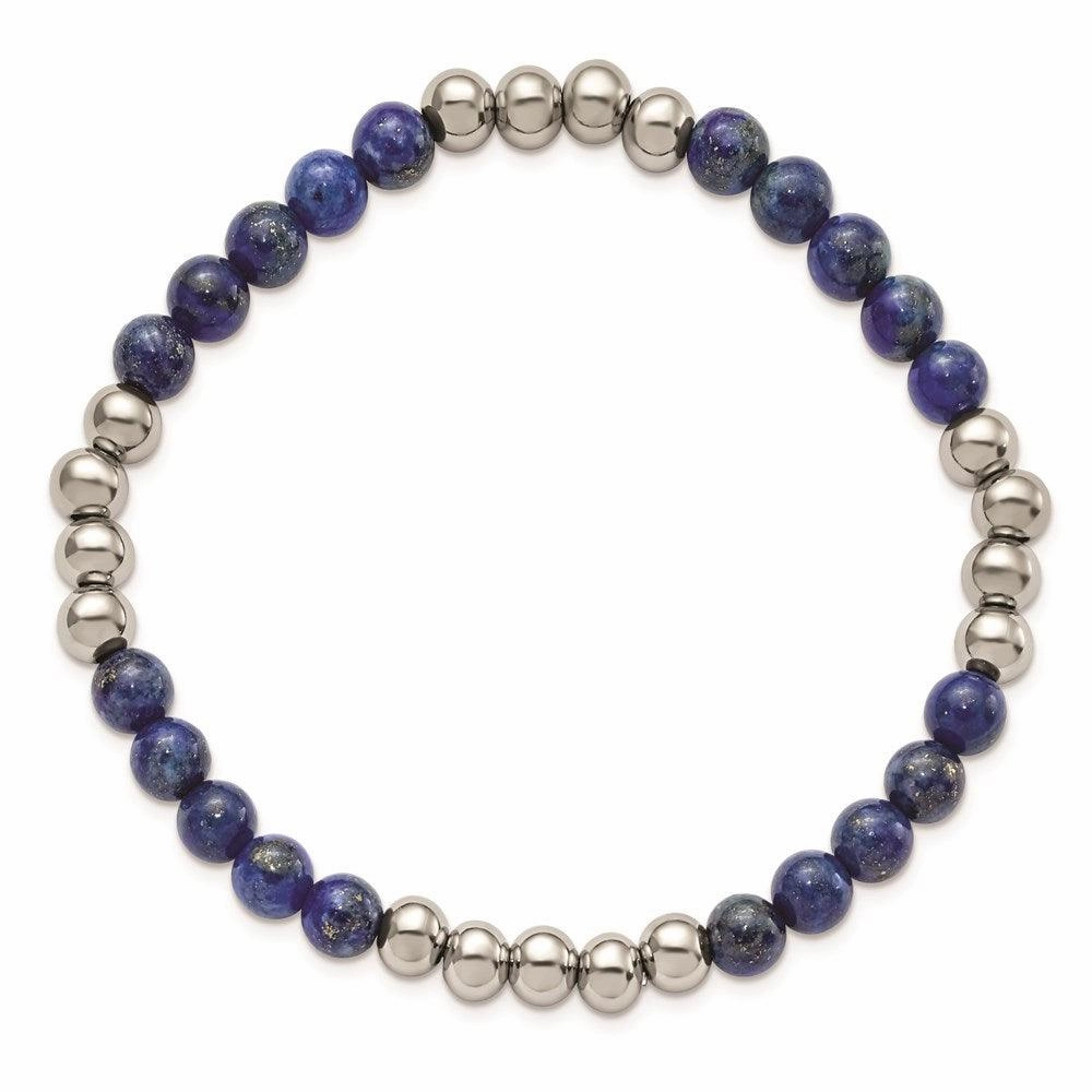 Stainless Steel Polished Lapis Beaded Stretch Bracelet