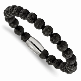 Stainless Steel Polished Lava Rock Beaded Stretch Bracelet