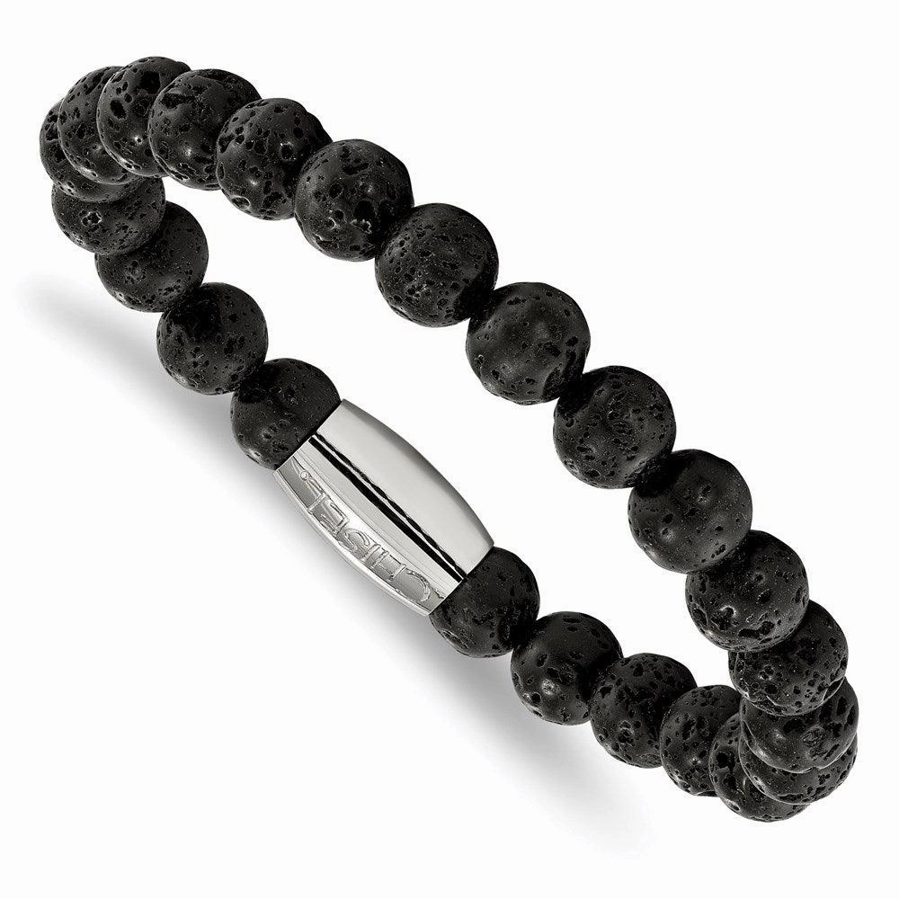 Stainless Steel Polished Lava Rock Beaded Stretch Bracelet